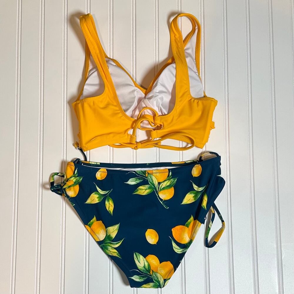 Women Cupshe Bikini Swimsuit Yellow Lemon Print Twist Tie Side Size L NWT - Picture 6 of 11